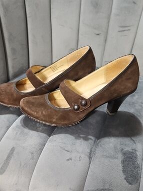 Brown Suede Mary Jane Heels with Strap Detail